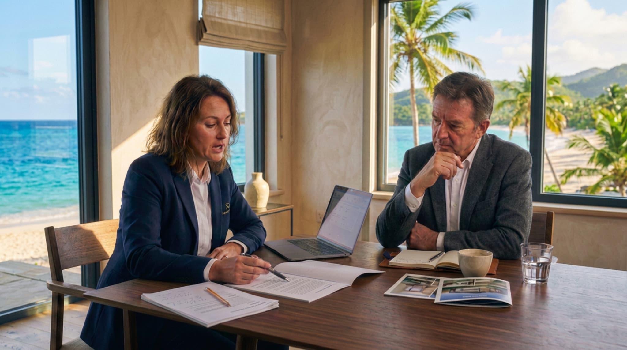 A professional advisor reviews investment documents with a client at a wooden table in a coastal office, with a laptop, property brochures, notes, and a panoramic view of the sea and palm-lined beach.