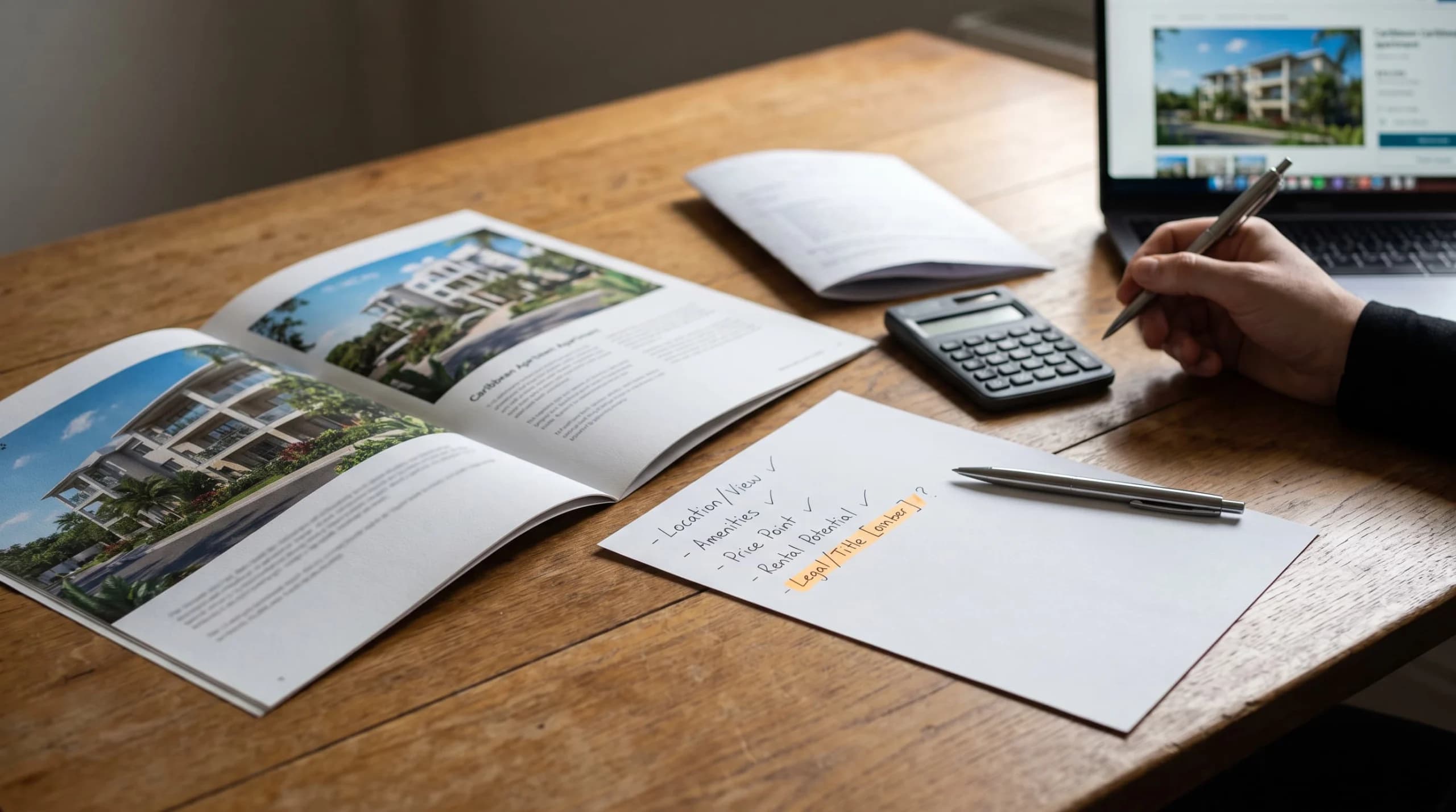 A person reviews a coastal property investment at a wooden desk, with an open real estate brochure, a laptop showing the property listing, a calculator, and handwritten notes assessing location, amenities, price, rental potential, and legal title.