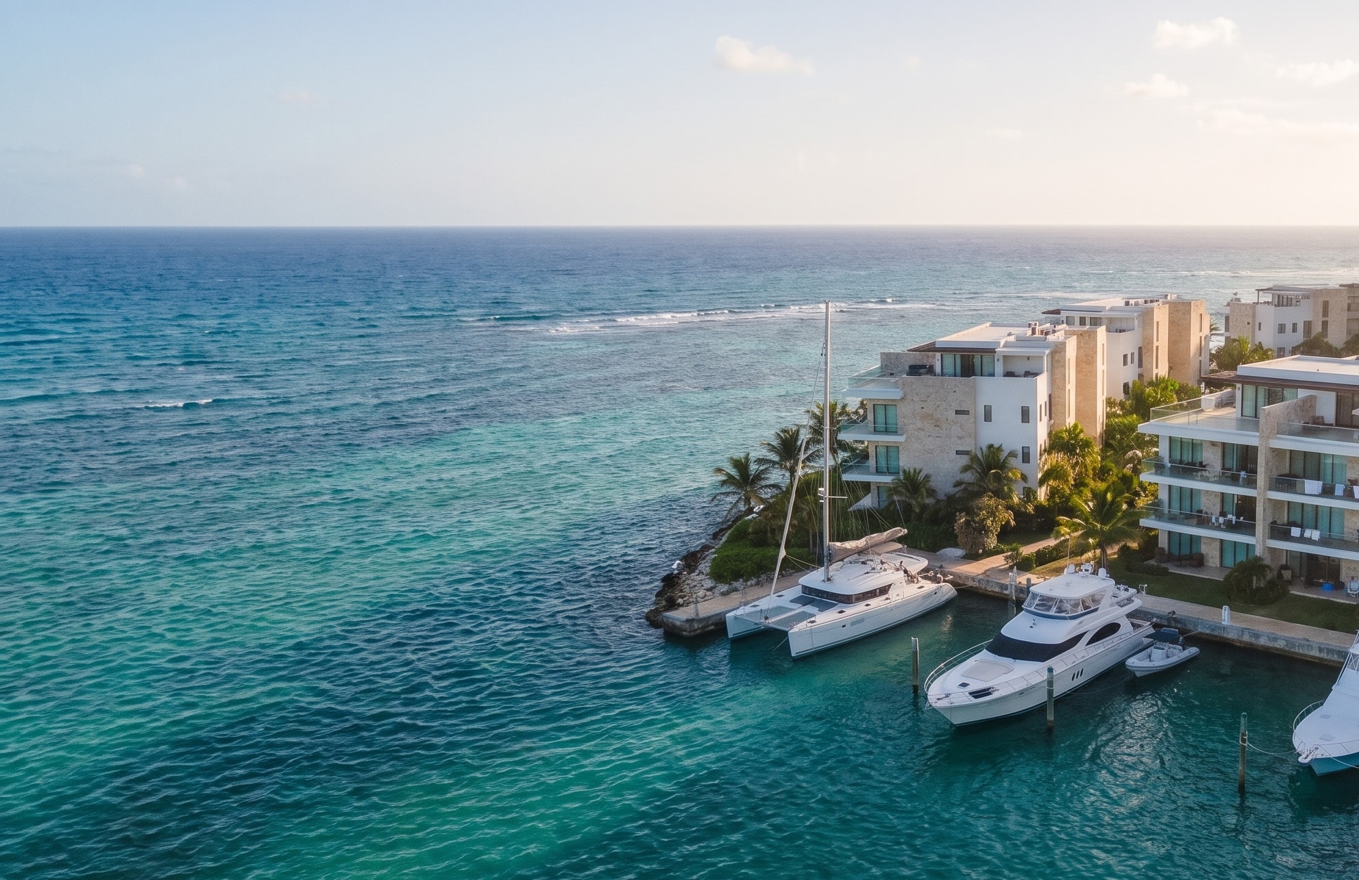 Aerial view of luxury waterfront residences in the Dominican Republic, with turquoise ocean water, palm trees, and yachts docked at a small marina.